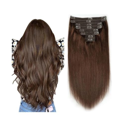 Extensiones de cabello natural sedoso y liso con clip marrón chocolate de doble trama