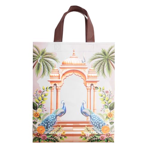 Image of Lavya Medium Size Return Gift Bags | Reusable Non-Woven Metallic Laminated Matt Finish Carry Bags for Weddings, Traditional Gifting, Shagun, Jewellery, Sweets & Dry Fruit Boxes (Peacock Mahal, M-10x12x4, Pack of 50)