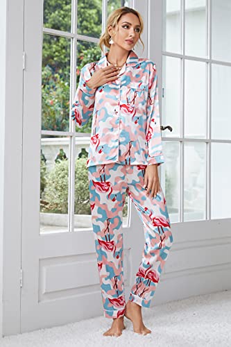 Fenteng Womens Satin Pajamas Set Long Sleeve Sleepwear Sets Silk Button Down Pj Set With Long Pants Soft 2 Pcs Lounge Set (Flora Print, S) #TOP4