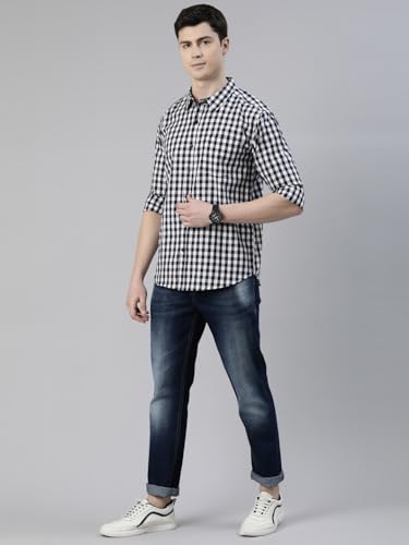 Image of JOVEN Men Slim Fit Pure Cotton Brown and Dark Green Casual Checked Shirt