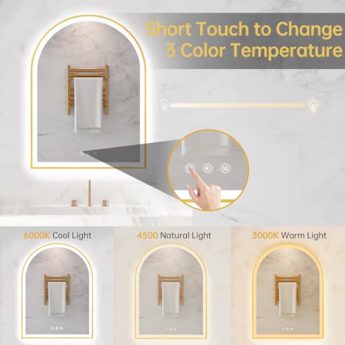 Image of 24 inchx32 inch Arched LED Lighted Bathroom Mirror with Lights | Gold Aluminum Frame, Fogless, Dimmable, Shatterproof, Touch Sensor, 3 Color Changing