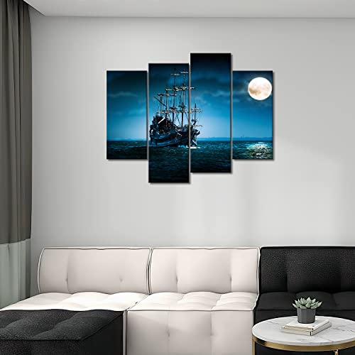Pirate Ship Viking On The Blue Ocean In The Full Moon Night Canvas Print Wall Art Decor Seascape Artwork Prints For Home Living Room Or Office Decoration #TOP1