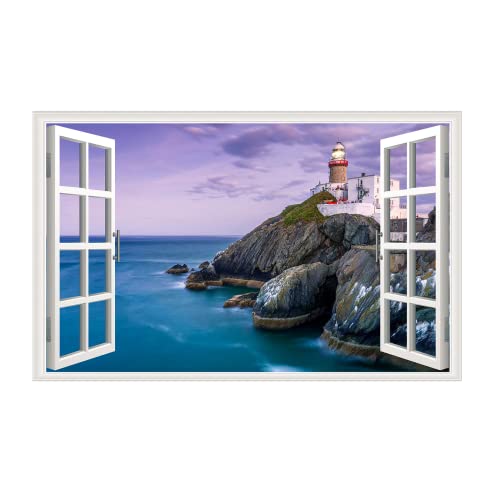 Amtoodopin 3D Beach Seascape Fake Window Stickers Lighthouse Faux Window Wall Sticker Blue Ocean Waves Wallpaper Decor For Home #TOP5
