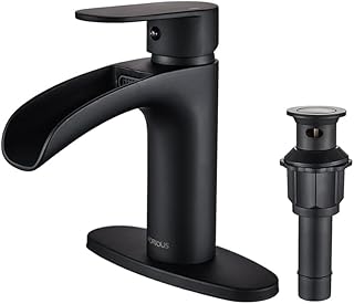 FORIOUS Black Waterfall Bathroom Faucet Single Handle, Single Hole Bathroom faucets with Metal Pop up Drain, 6 inch Matte Black Bathroom Sink Faucet 1 Hole Waterfall Faucet, Brass Vanity Faucet Black