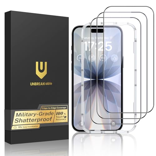 UNBREAKcable for iPhone 17 Screen Protector 3-Pack Full Coverage Tempered Glass Screen [Military Grade Shatterproof] [9H Hardness] [Bubble Free] [Easy Installation] [99.99% HD Clear] for iPhone 17