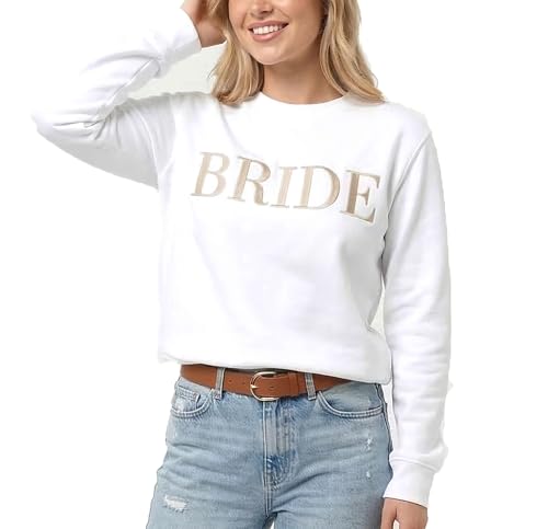 Embroidered BRIDE Sweatshirt White | Premium Bride Outfit for Honeymoon Bridal Party | Bachelorette Party Wedding Gifts (Small)