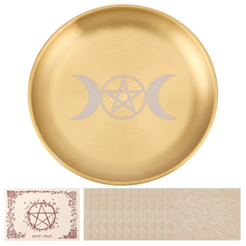 CRAFTYMELODY 5.5Inch Gold Offering Prayer Ritual Bowl Stainless Steel Altar Ritual Plate with 12Pcs Parchment for Smudging Decoration Trays Meditation Witchcraft Candle Trinket Holder(Moon)