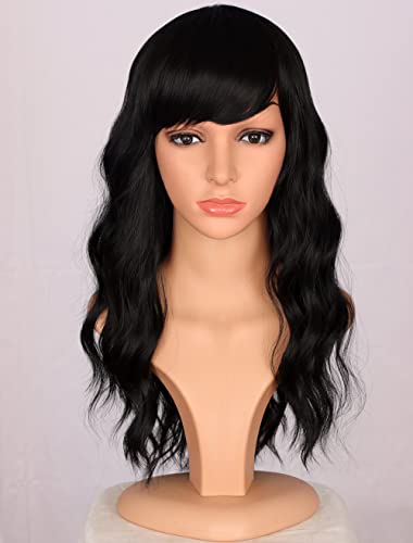 SPEEDM Medium Long Black Wavy Wigs For Women Natural Black Wigs With Bangs Synthetic Wavy Wigs (Natural Black)