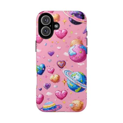 Coque iPhone 16 Plus antichoc rigide brillante avec motif pixel art espace