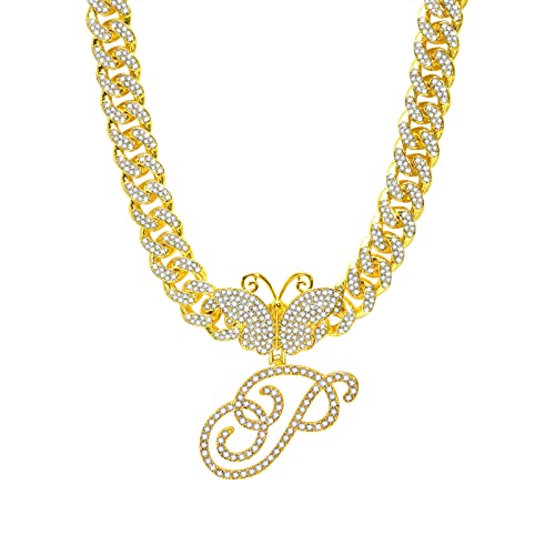 Juvux Cuban Link Chain for Women, Gold Letter Initial Butterfly Layered Necklace, Hip Hop Miami Iced Out Chain with Pendant Necklace Jewelry Gifts for Women Teen Girls - 18inch P