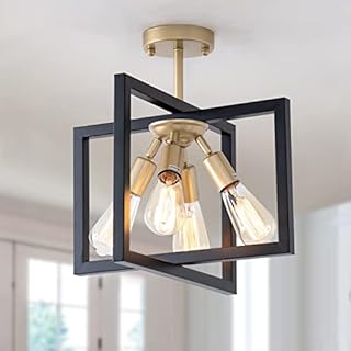 Farmhouse Industrial Ceiling Light Fixtures, 4-Light Vintage Modern Rectangle Black Gold Flush Mount Light Fixture with Rotatable Metal Square Frame for Kitchen Hallway Entryway Foyer Living Bedroom
