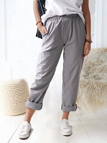 Glienst Grey Linen Pants For Women Trendy Casual Loose Elastic High Waisted Straight Leg Lounge Work Pants Solid Color Comfy Trousers With Pockets X-Large #TOP2