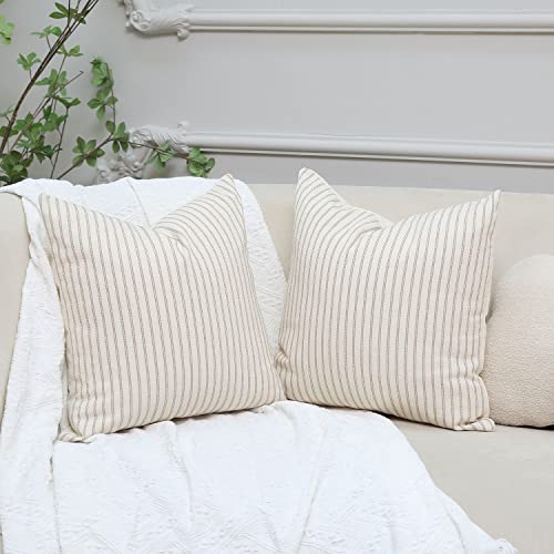 Hckot Khaki And Beige Striped Farmhouse Throw Pillow Covers 18 X 18 Inch, Set Of 2 Rustic Linen Decorative Pillow Case For Couch Sofa Cushion Cover Boho Modern Decor(Khaki) #TOP1