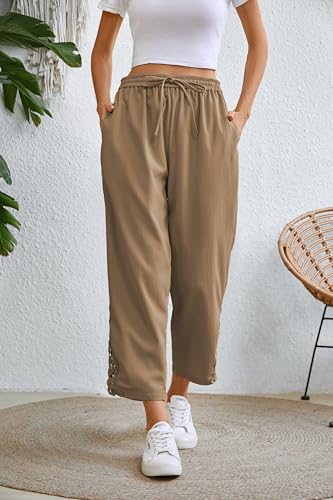 Image of Women Casual Lightweight Drawstring Elastic Waist Cropped Linen Pants Fall Spring Slacks Capri Pants Trendy Fashion 2026 Beach Trousers with Pockets Khaki Large