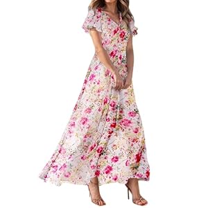 Damen Kleid Sommer Elegant Blumen Sommerkleid Lang V Ausschnitt Cocktailkleid Chiffon Sommerkleider Damen Leicht Und Luftig Partykleid Lange Schwingen Kleider A Linie Maxi Blumenkleid Luftige