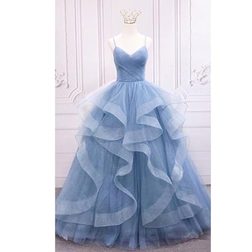 Glitter Tulle Prom Dresses Spaghetti Straps Ball Gowns for Women Puffy Tiered Formal Evening Party Dress4