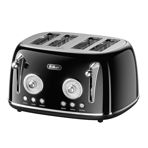 Feller Germany Retro Style 4-Slice Toaster 1630 W Steel Body 2 Dust Covers & 2 Bun Warmers Defrost Reheat & Cancel Function 4 Extra wide Bread Slots Removable Crumb Tray TO490 (Glossy Black)