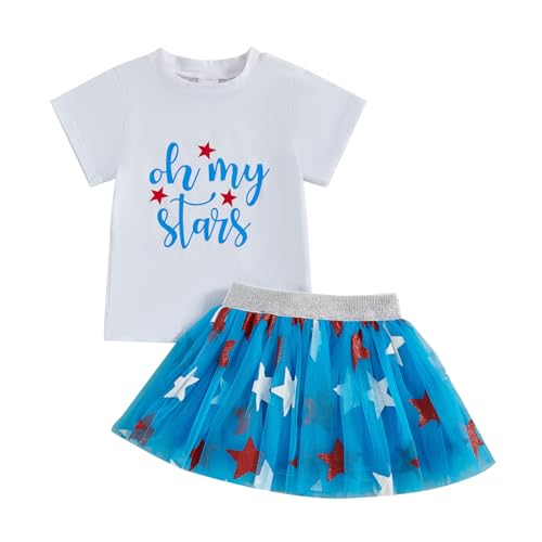 Toddler Baby Girl 4th of July Outfit Short Sleeve T-shirt Tops Star Print Tulle Skirt 2Pcs Independence Day Clothes (Star-White, 12-18 Months)