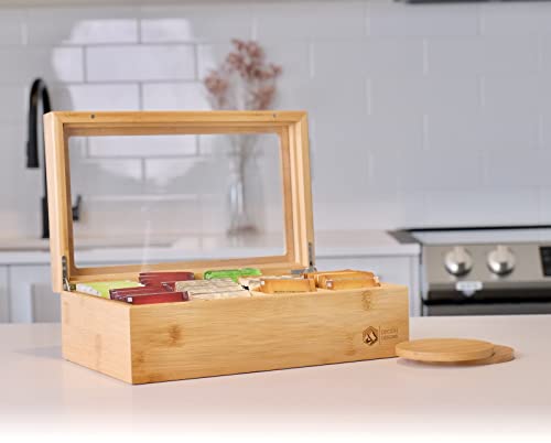 Premium High-End 100% Natural Bamboo Tea Box With 2 Coasters - Wooden Tea Organizer - Tea Bag Organizer Wooden Storage Box - 8 Adjustable Compartments - Clear Lid - Magnet Closure #TOP1