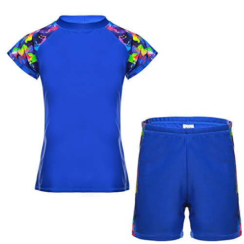 DAYU Unisex Boys' Girls' Short Sleeve UPF 50+ 2 Piece Rashguard Set Swimwear Kids Swimsuit Blue Size 6-7