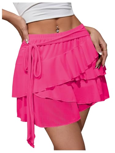 MakeMeChic Women's Y2K Sheer Mesh Mini Skirt Ruffle Hem Drop Waist Layered Tie Side Short Skirts