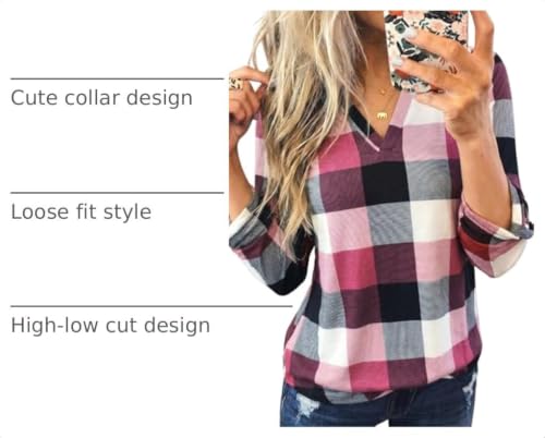 Image of Dokotoo Womens Tops Plaid Cotton Cuffed 3 /4 Sleeve Shirts Blouses