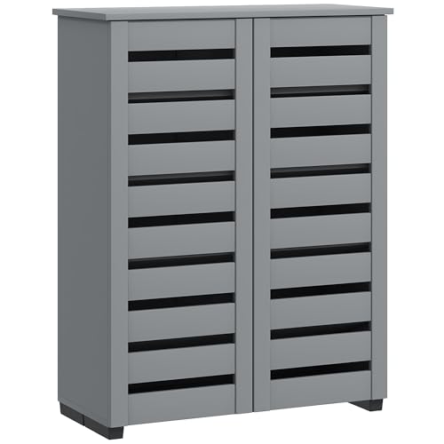HOMCOM Narrow Shoe Cabinet for Entryway, 5-Tier Slim Shoe Storage Cabinet with 2 Slatted Doors and Adjustable Shelves for 15 Pairs, Dark grey