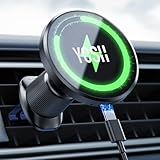 【ダブルメタルフック】YOSH スマホホルダー 車 ワイヤレス充電 MagSafe対応 マグセーフ充電器 車 15W急速充電 magsafe充電器 車載 スマホホルダー 充電 エアコン吹き出し口タイプ 超強力磁石搭載 置くだけでくっつく 360度回転 取り付け簡単 レンタカーに最適 ブラック iPhone 17/16/15/14/13/12シリーズ対応
