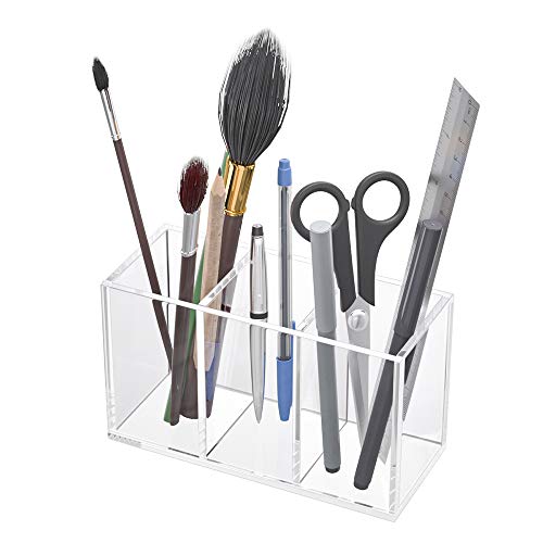 Image of NIUBEE Acrylic Pen Holder 3 Compartments, Clear Pencil Organizer Cup for Countertop Desk Accessory Storage
