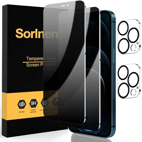 Sorlnern for iPhone 12 Pro Max Privacy Screen Protector with Camera Lens Protector[2+2 Pack], Anti Spy Private Tempered Glass Film, 9H Hardness Scratch resistant Easy Installation Bubble Free Cover