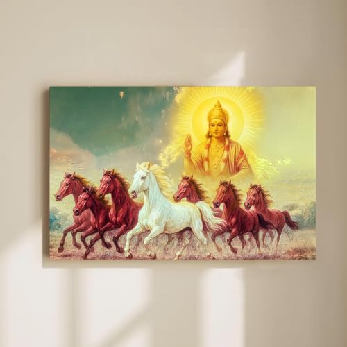 Image of PAINTINGMANRA Shurya Dev 7 Running Horses Canvas Wall Art Painting For Living Room Seven Horse Vastu Feng Shui Canvas Painting Positive Energy Wall Art For Home, Office, 22x34 Inch