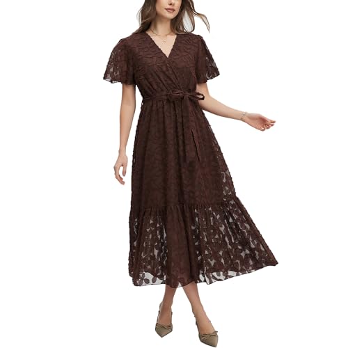 Image of Women's Summer Bohemian Floral Chiffon Dress Cap Sleeve V Neck Ruffle Long Flowy Boho Casual Vacation Dresses