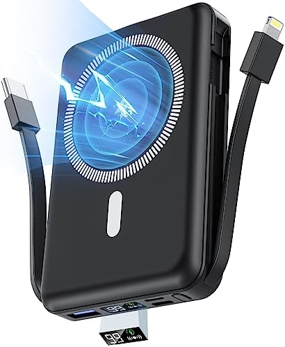 podoru Wireless Portable Charger, 10000mAh Magnetic Power Bank Built-in USB C Lighting Cables 22.5W PD Fast Charging LED Display Mag-Safe Battery Pack for iPhone 14/13/12/Mini/Pro/Pro Max - Black