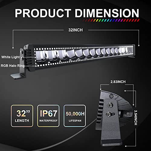 Lpteso RGBW LED Light Bar 32'' inch 180W Flood Spot Combo Beam 2PCS 4 Inch 18W Flood RGB LED Pods with 16 Solid Colors Chasing RGB Halo Ring Changing with Strobe Flashing with Rocker Switch Wiring by Lpteso - Image 2