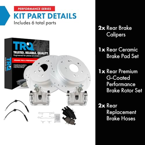 Image of TRQ Performance Rear Brake Pad and Rotor Set Ceramic Slotted Drilled G Coated Rotors Calipers Hoses Compatible with 2006-2008 Mazda 3 S 2007-2008 Mazda 3 MazdaSpeed