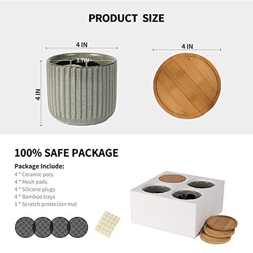 Tamaykim 4 Inch Cylinder Ceramic Plant Pots With Drainage Holes & Bamboo Saucers, Glazed Green Grey Small Boho Planters With Trays For Indoor Flower, Snake Plants, Succulent, Cactus, Set Of 4 #TOP1
