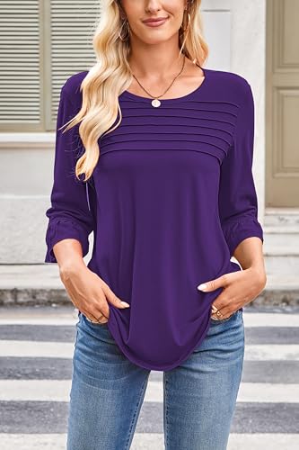 Halife Womens 3/4 Length Ruffle Bell Sleeve Pleated Flowy Dressy Casual Tops Blouses4