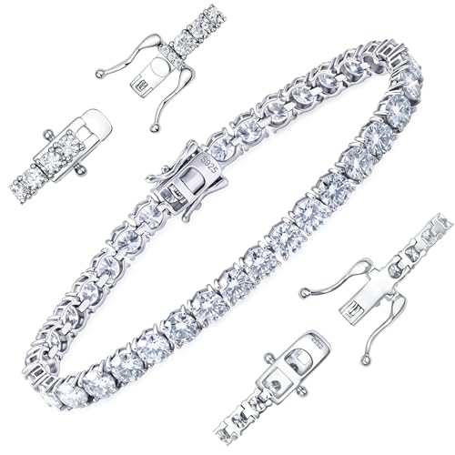 Delzzad Moissanite Tennis Bracelet for Women - 3mm 5.4CT White Gold Plated S925 Sterling Silver - D Color VVS1 Round Cut Lab Created Moissanite Bracelet Hypoallergenic Mens Bracelets - Double Safety Clasp Luxury Jewelry for Mothers Day Anniversary Wedding Bridal Christmas (Silver 7 Inch)