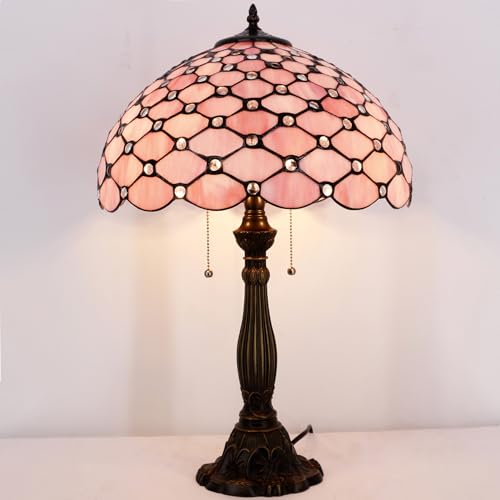 Image of Tiffany Table Lamp Stained Glass Bedside Lamp Pink Desk Reading Light 24 inch