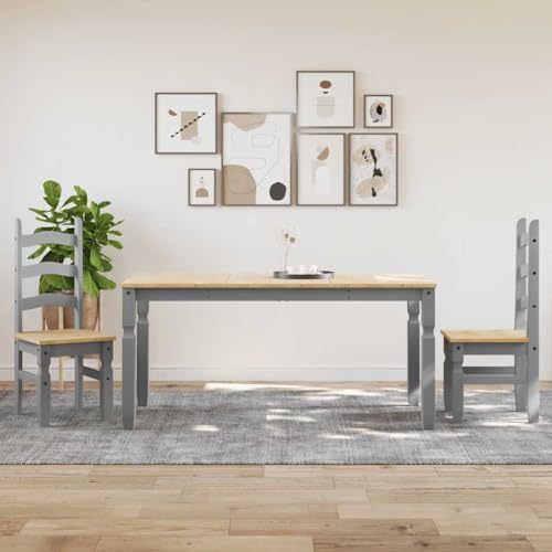 Homgoday Juego de Comedor Panama 3 pzas Madera Maciza de Pino Gris Conjunto Mesa y sillas de Comedor, sillas Comedor, Set Muebles de Cocina para el Hogar, la Oficina y el Café Longitud160 cm