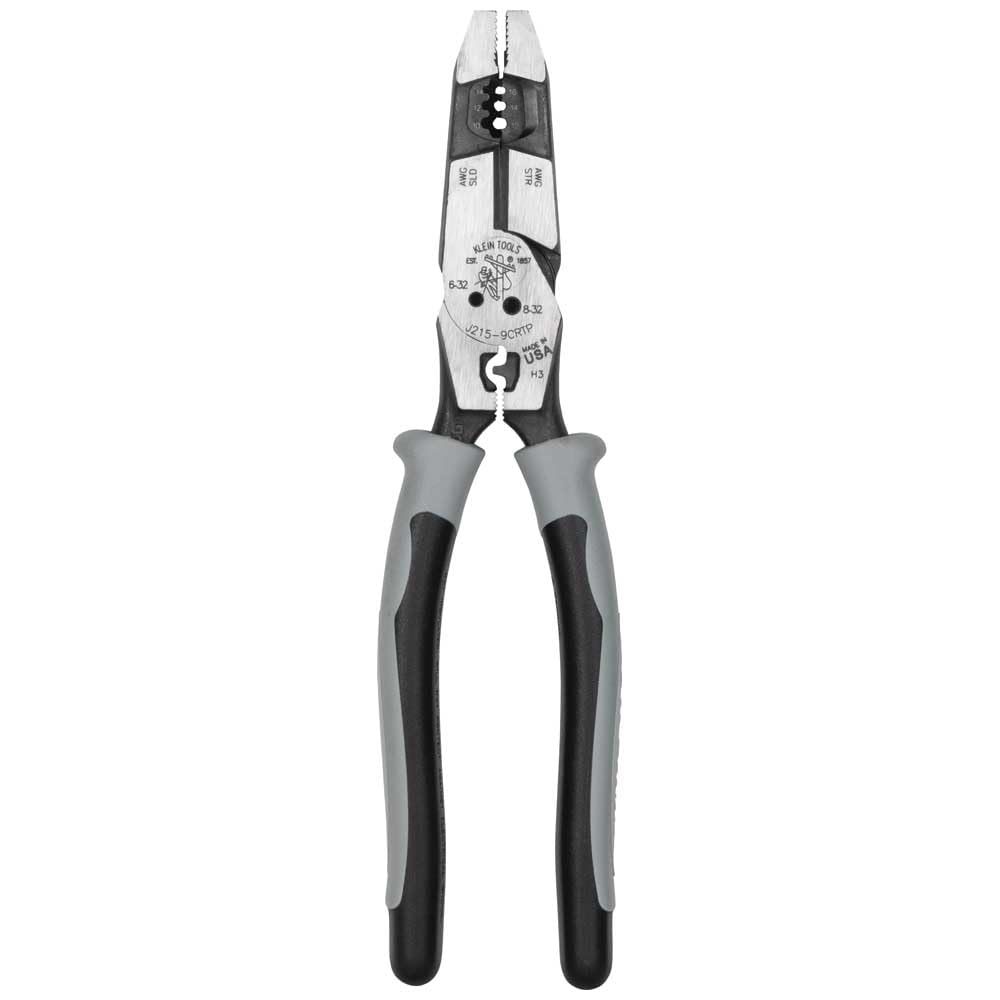 Klein Tools J2159CRTP Alicates de corte lateral, fabricados en Estados Unidos, alicates híbridos Journeyman de alto apalancamiento de 9 pulgadas con crimpadora, extractor de cinta de pescado y