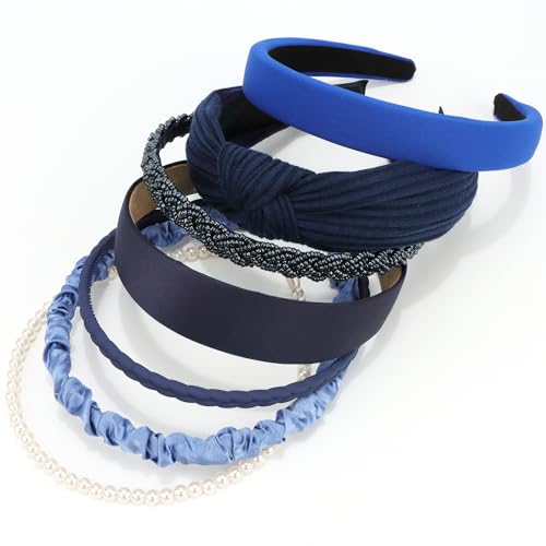 VELSCRUN Headbands for Women 7 Pcs Different Navy Blue Knotted Solid Pearl Head Bands Non Slip Hair Band for Womens Gilrs Thin Thick Short Hair Fashion Accessories