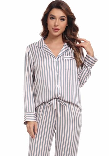 Image of Serenedelicacy Women's Satin Pajama Set Long Sleeve Button Down Sleepwear 2-Piece Silky Pj Set