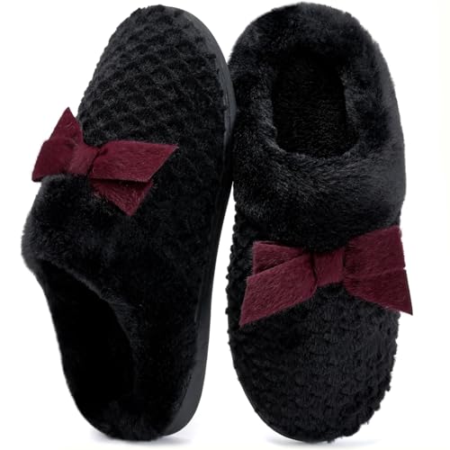 WateLves Women's Slip on House Slippers with Bow-knot, Fuzzy Memory Foam Faux Fur Lining Bedroom Shoes for Indoor & Outdoor (Black Red, 38/39)