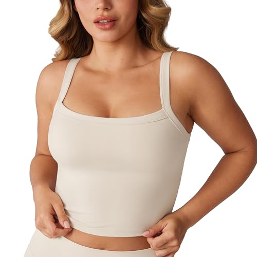 Image of UNISSU Hugcurve Adjustable Longline Sports Bra Square Neck Workout Tank Crop Tops for Women with Built in Bra Padded Camisole