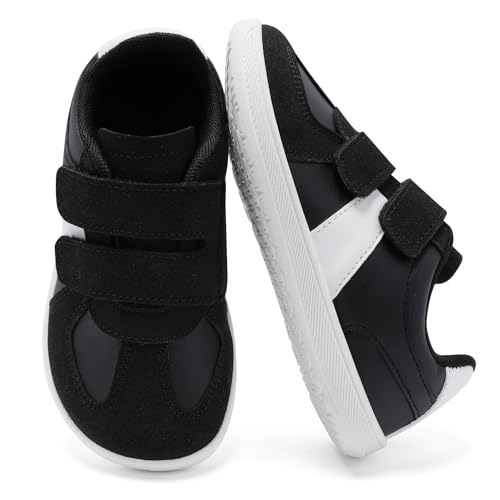 Mioceko Kinder Hausschuhe Jungen Barfußschuhe Klettverschluss rutschfest Walking Schuhe Atmungsaktiv Turnschuhe Komfort Sneakers Schwarz Weiß 28 EU