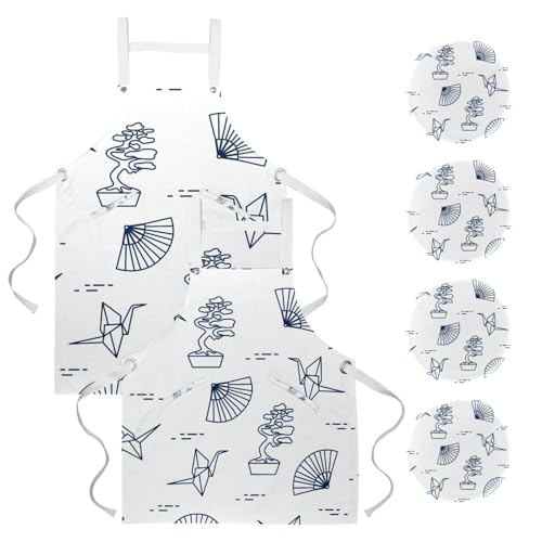 Lot de 2 tabliers de cuisine japonais multicolores avec 4 broches pour le restaurant