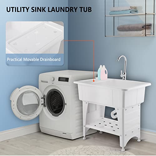 Vingli Spacious White Utility Sink Laundry Tub For Laundry Room, Garage Washing Station, Slop Sink, Freestanding Utility Sink With Stainless Steel Faucet, Drain, Storage Shelf And Removable Drainboard #TOP4