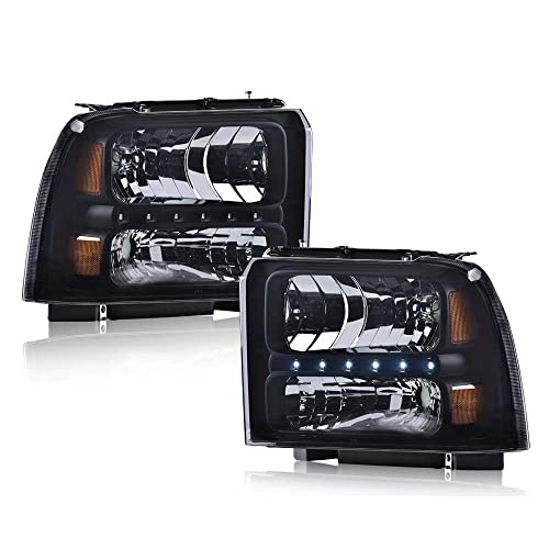 Image of GRAND ORANGE LED DRL Headlights Assembly, Compatible with 2005 2006 2007 Ford F250 F350 F450 F550 Super Duty bumper Headlamp, Amber Corner Headlight(Smoky lens Black Housing Amber Reflector)