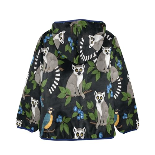 Lemurs Birds Berries on Black Toddler Fleece Jacket Girl Boys Hooded Fleece Jacket Coat Warm Outwear Zip-up 3-10T2